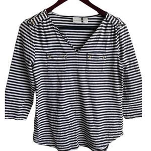 Chicos Women Cotton Top S Black White Stripe 3/4 Sleeve Pockets Casual Coastal‎